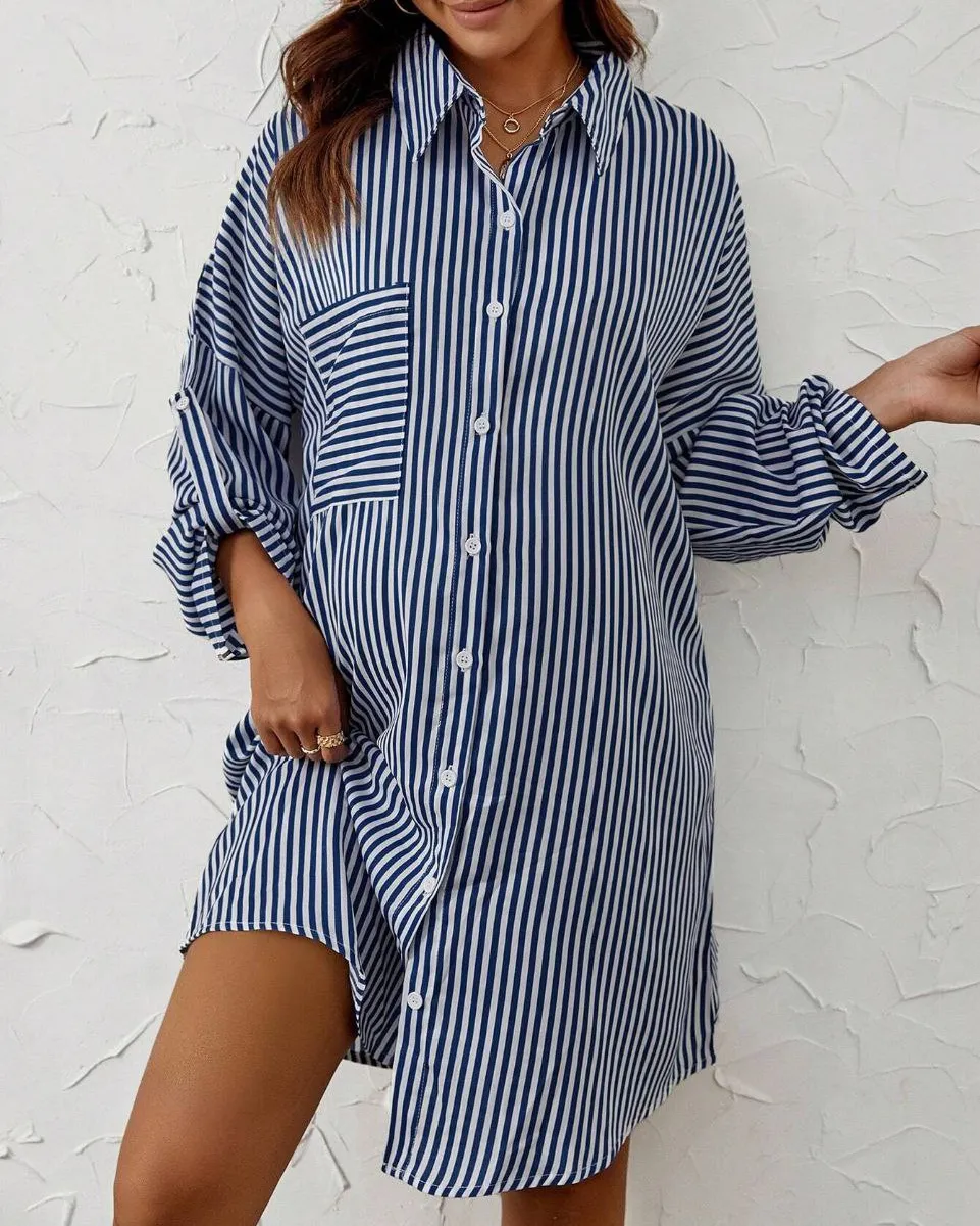 Stylish Blue and White Stripe Maternity Dress